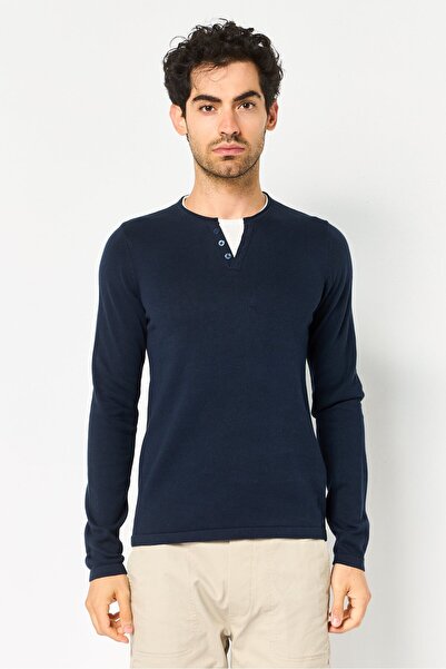 CELIO Men Crew Neck Textured Sweater, Navy