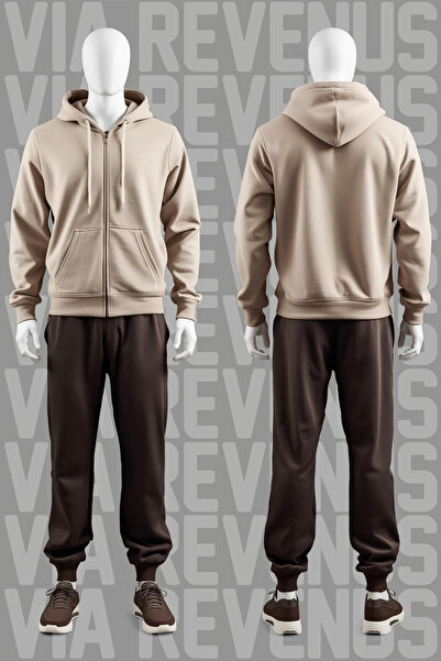 Vordevia Plain Unprinted Zippered Hooded Cotton Tracksuit Set