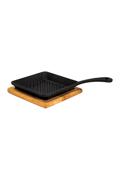 Hype Store Cast Iron Mini Square Grill Pan with Beech Wooden Base Cast Iron S...