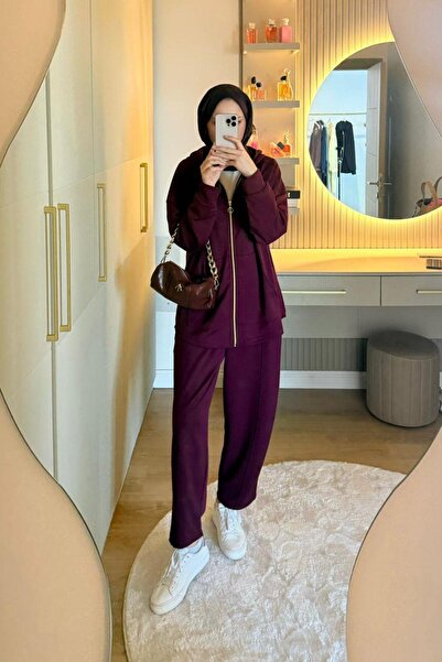 Hazamoda Costum sport Capri cu fermoar, roșu claret