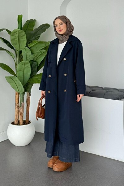 Hazamoda معطف طويل بأزرار من كيوو باللون الأزرق الداكن