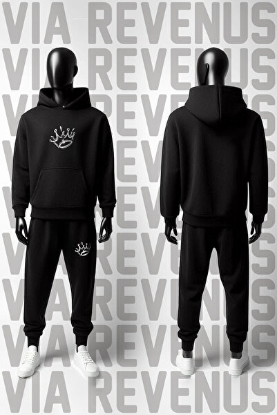 Vordevia King / Crown Printed Hooded Sweatshirt and Sweatpants Unisex Cotton Sports Set
