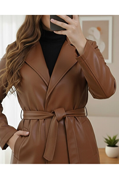 MissRunin Beli Kemerli Yan Cepli Tek Düğmeli Deri Trençkot