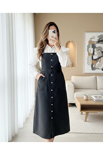 MissRunin Boydan Düğmeli Çift Cepli Kot Salopet