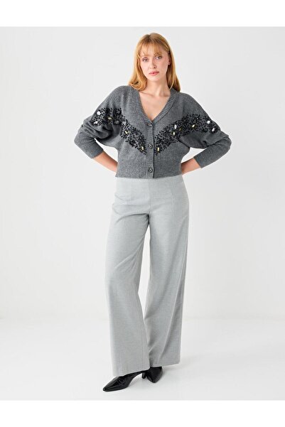 Jimmy Key Gray Long Sleeve Stone Embroidered Buttoned Knitwear Cardigan