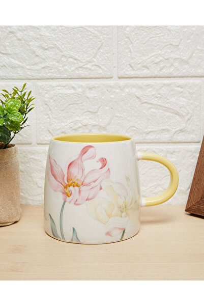 REDTAG Yellow Floral Mug With Color Glaze Handle (14oz)