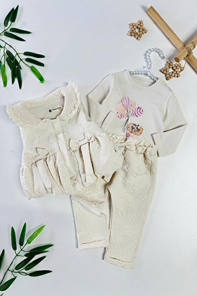 Minigimin Cicileri My Little One's Cicileri Jacquard Bow Detailed Inflatable Vest Set Girl Baby Doll Set of 3 - Cream