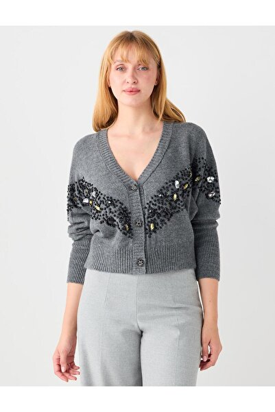 Jimmy Key Gray Long Sleeve Stone Embroidered Buttoned Knitwear Cardigan
