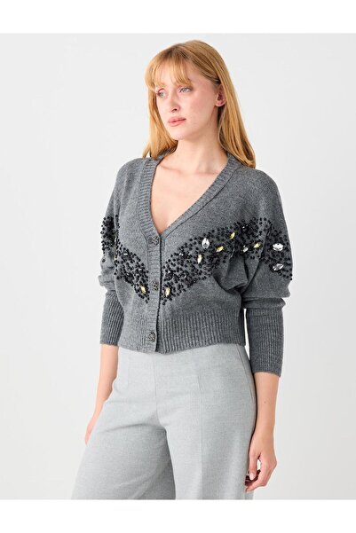 Jimmy Key Gray Long Sleeve Stone Embroidered Buttoned Knitwear Cardigan