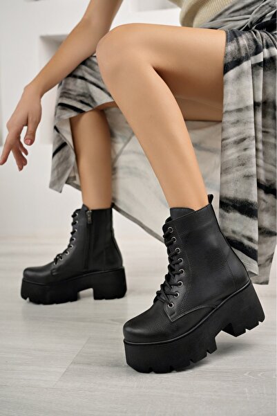 PASSAGE SHOES Women's Black Leather Thick Soled Drawstring