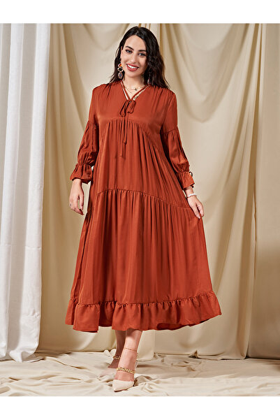 FridayIn Sweet V-neck Solid color Splicing Bandage Princess sleeves Long Dresses