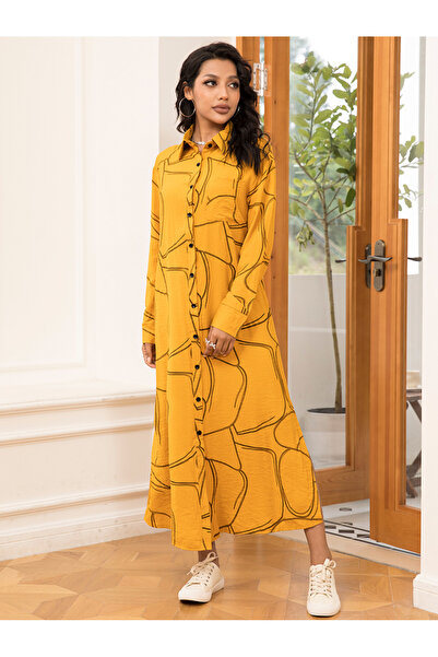 FridayIn Casual Lapel Printing Buttons Shirt sleeve Long Dresses