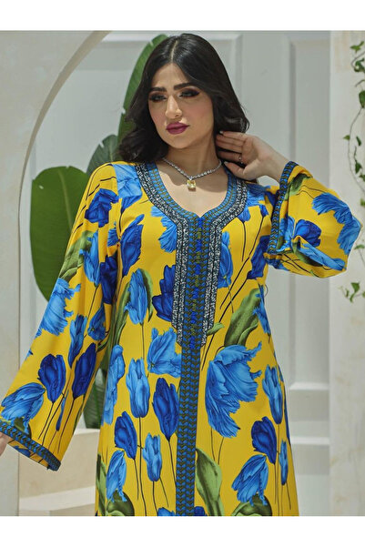 FridayIn Elegant style Sweet V-neck Color contrast Printing Ribbon Flared sleeve Kaftan