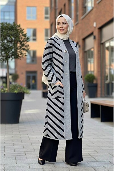 YusGos Women's Hijab Button Detailed Long Striped Cardigan