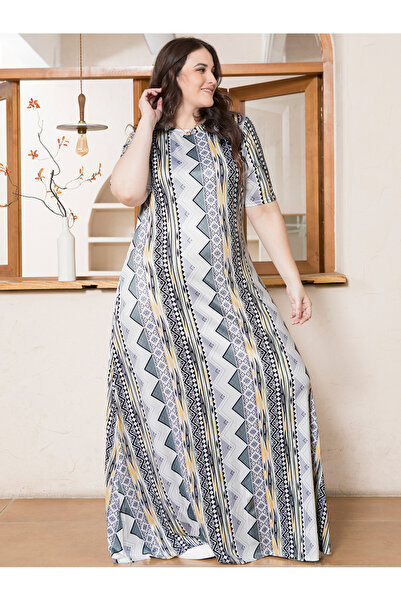 FridayIn Elegant style Round neck Color contrast Printing Irregular Regular sleeve Plus Size Dresses