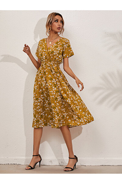 FridayIn Female Sweet V-neck Floral Basic fitness Mid dress