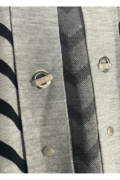 YusGos Women's Hijab Button Detailed Long Striped Cardigan