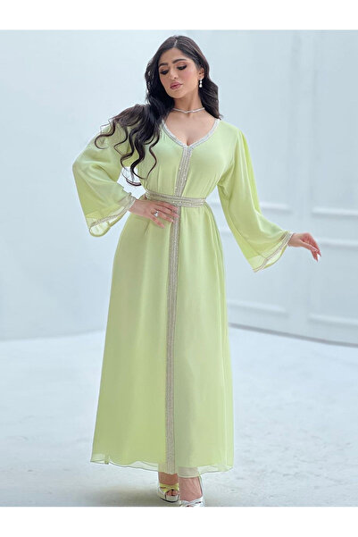 FridayIn Sweet V-neck Solid color Ribbon Puff sleeve Kaftan
