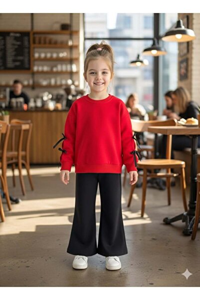 minnoşkidsbutik Kız Çocuk Kırmızı Fiyonklu İspanyol Paça 2’li Takım