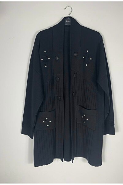 YusGos Women's Hijab Button Detailed Pocket Stone Embellished Below-Knee Double Pocket Mother Cardigan