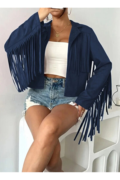 Butik Women's Long Sleeve Collared Short Tassel Suede Jacket