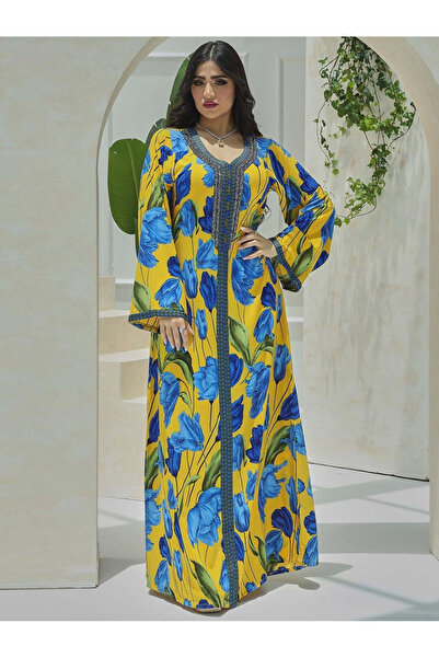 FridayIn Elegant style Sweet V-neck Color contrast Printing Ribbon Flared sleeve Kaftan