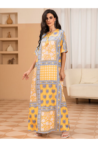 FridayIn Sweet V-neck Printing Tassel Regular sleeve Long Dresses