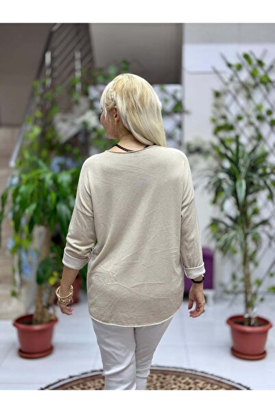 Punta Otantik Yg11773 Leopard Printed Italian Knitwear Blouse Cream