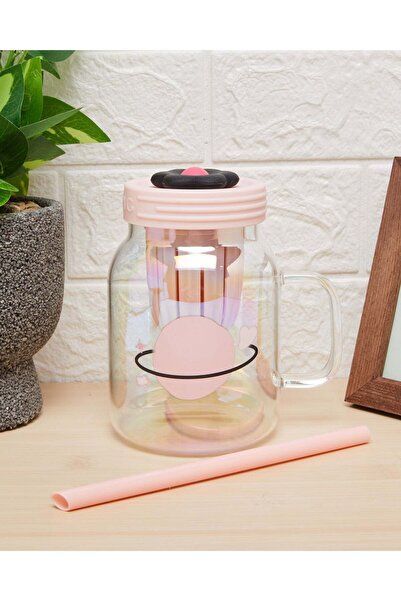 REDTAG مرطبان ماسون زجاجي وردي مع قشة وغطاء من السيليكون (850 مل)