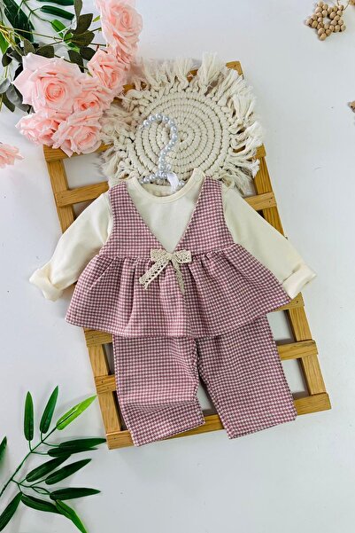 Minigimin Cicileri My Little One's Cicileri Houndstooth Bowknot Baby Girl 2-Piece Dress Look Set - Pink