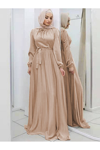 FridayIn قفطان حلو برقبة دائرية، لون سادة، رباط خصر، أكمام عادية