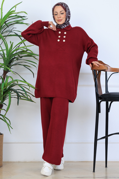 benguen Button Detailed Knitwear Set N7064 Claret Red