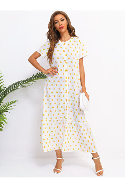 FridayIn Female Sweet Round neck Floral Loose Long dress