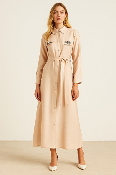 PUREVA 4023 GÖMLEK YAKA ÖNÜ CEP GÖRÜNÜMLÜ BELİ BAĞLAMALI CEPLERİ TAŞ DETAYLI ...