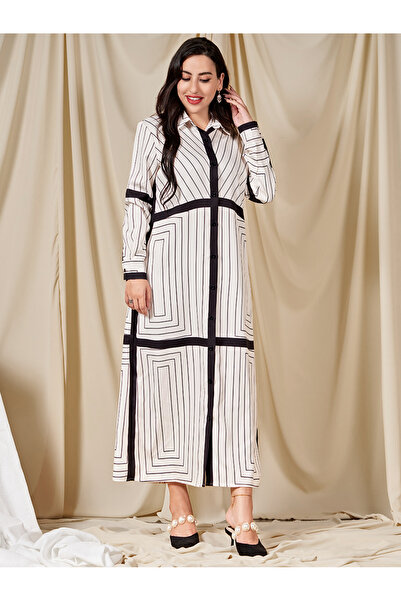 FridayIn Fast fashion Lapel Geometry Pos-flower Buttons Shirt sleeve Long Dresses