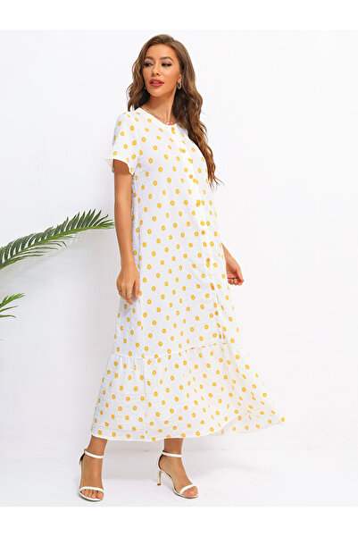 FridayIn Female Sweet Round neck Floral Loose Long dress