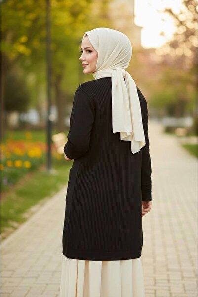 YusGos Women's Hijab Button Detailed Breast Pearl Embellished Double Pocket Mother Cardigan