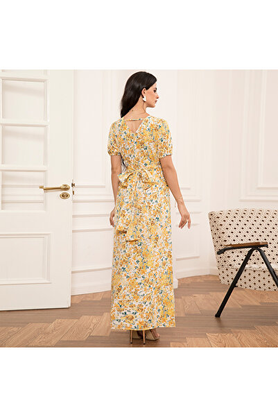FridayIn Elegant style V-neck Flowers Bandage Puff sleeve Long Dresses