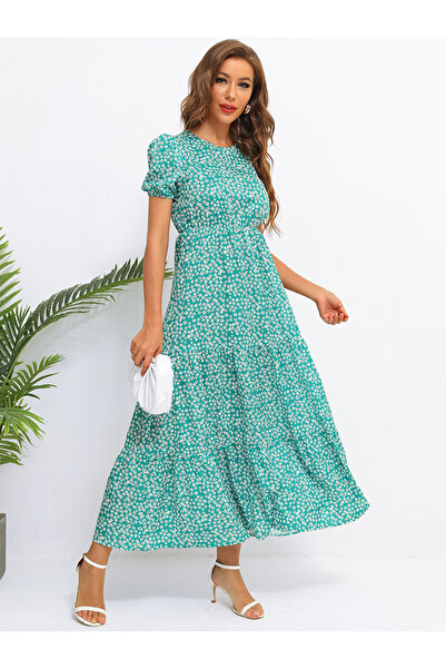 FridayIn فستان نسائي طويل بأكمام طويلة ورقبة دائرية مزين بالورود