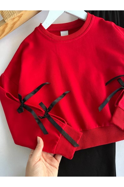 minnoşkidsbutik Kız Çocuk Kırmızı Fiyonklu İspanyol Paça 2’li Takım