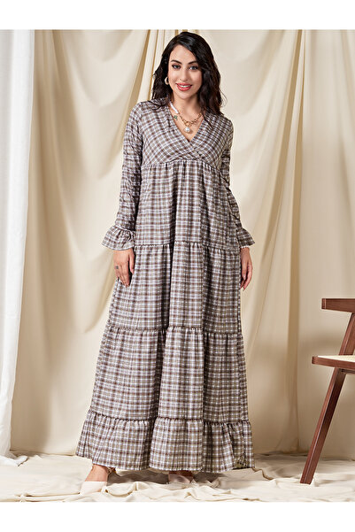 FridayIn Classical V-neck Plaid Splicing Flared sleeve Long Dresses