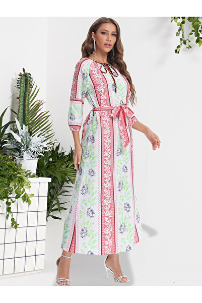 FridayIn فستان نسائي طويل بتصميم بوهيمي برقبة دائرية مزين بالزهور