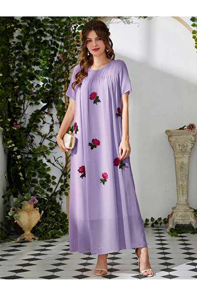 FridayIn قفطان حلو برقبة دائرية، لون سادة، مطرز، بأكمام عادية