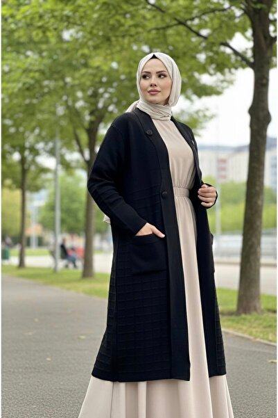 YusGos Women's Hijab Button Detailed Below-Knee Double Pocket Mother Cardigan