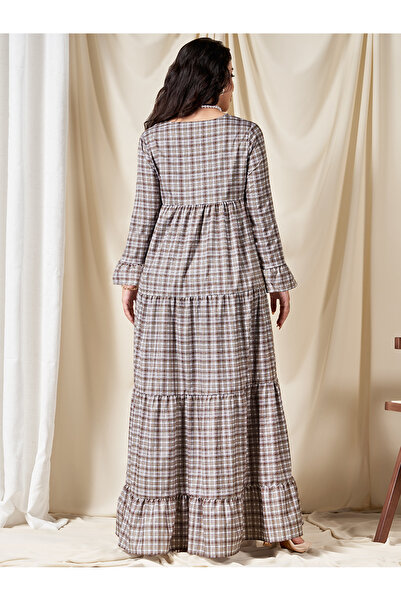 FridayIn Classical V-neck Plaid Splicing Flared sleeve Long Dresses