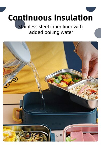 HALAMODO 304 Stainless Steel Double Layer Lunch Box with Handle and 3-Grid Bento Box for Adults Kids 1600ML