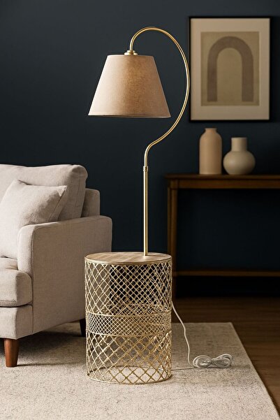 Venon Aydınlatma Sehpalı Lambader Elips Krem Sarı Patine ⭐️Kahverengi Kumaş Şapka ⭐️Modern Oturma Odası Salon Köşe