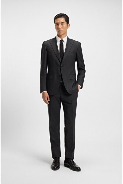 BOSS Erkek Çentikli Yaka Uzun Kol Normal Bel Yumuşak Düz Kumaş Düğme Kapama Siyah Takım Elbise 50551763-0