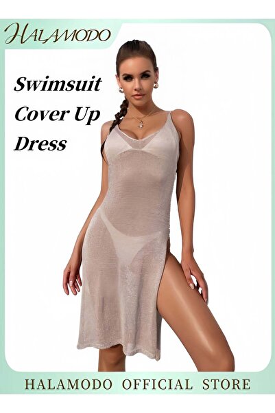 HALAMODO Women's Swimsuit Cover Up Sleeveless Hollow Out Long Swimwear Cover up V Neck Hollow Out Long Skirt