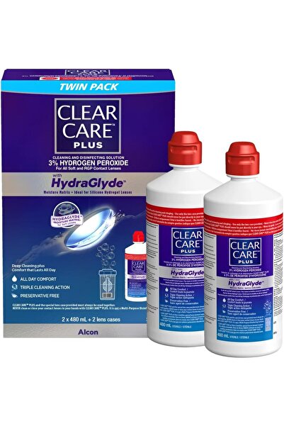 CLEAR CARE Plus HydraGlyde 3% Hydrogen Peroxide Lens Solution, 2 x 480ml with Cases